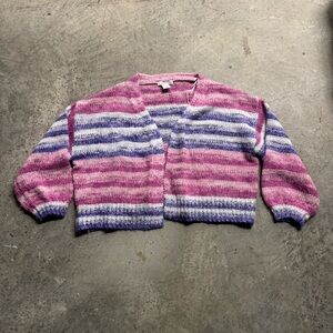 Sincerely Jules Women's Striped Fuzzy Pink Purple Open Cadigan Sweater Sz S Cozy